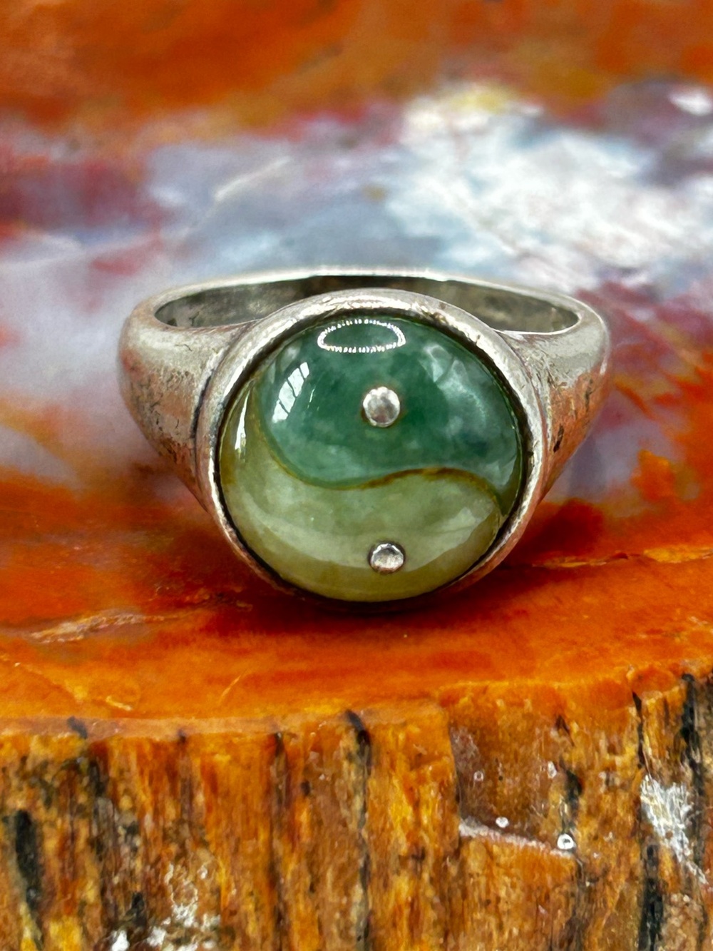 Sterling Silver Jade Yin Yang Ring - Size 8